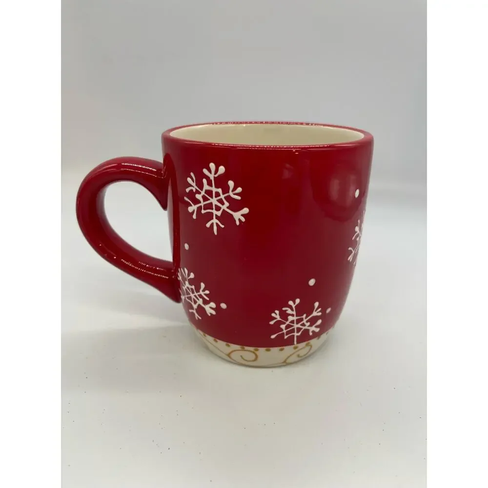 Pier 1 Decorations Christmas Tree & Snowflakes Red Coffee Mug 4.5”